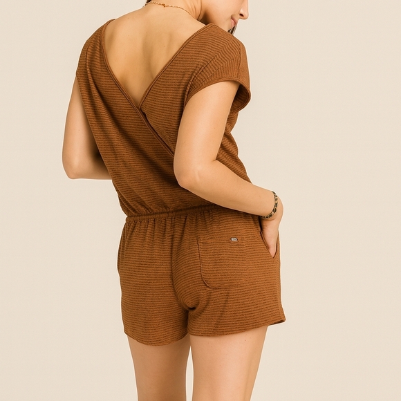 Prana Rust Striped Romper Organic Cotton Hemp Boho Casual Summer Hiking Medium - Picture 3 of 15
